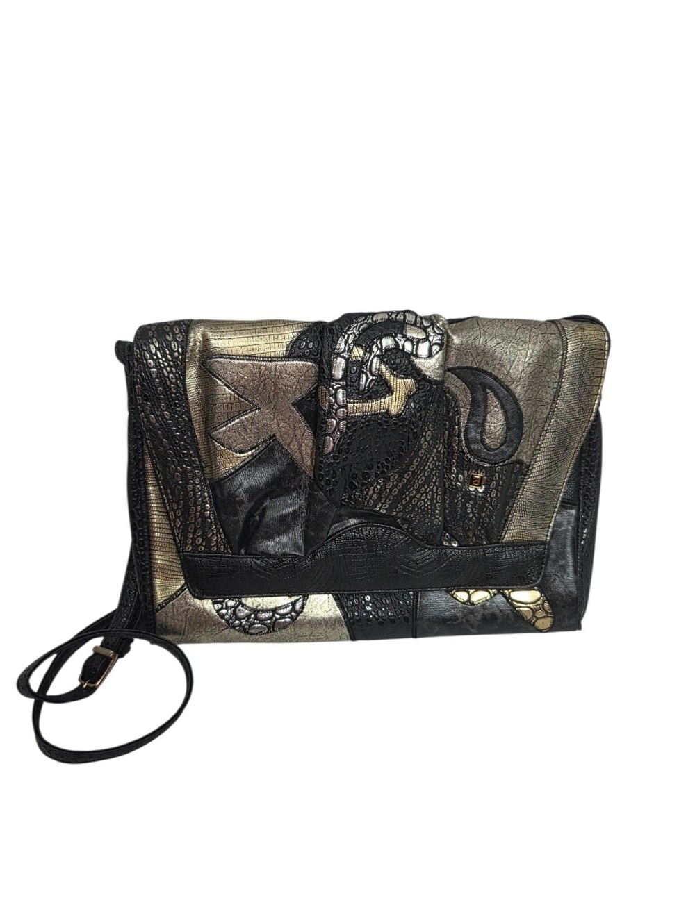 Vintage 80s 90s NAS Womens Gold and Black Crossbody Purse Bag Glam Bold